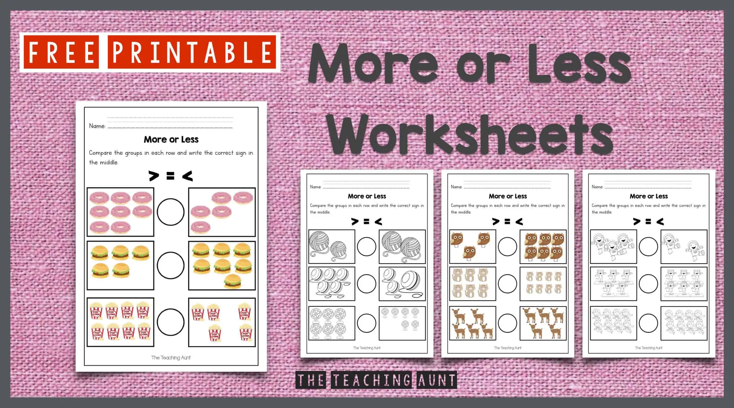 Kindergarten worksheet showing two groups of objects to compare which has less or more items