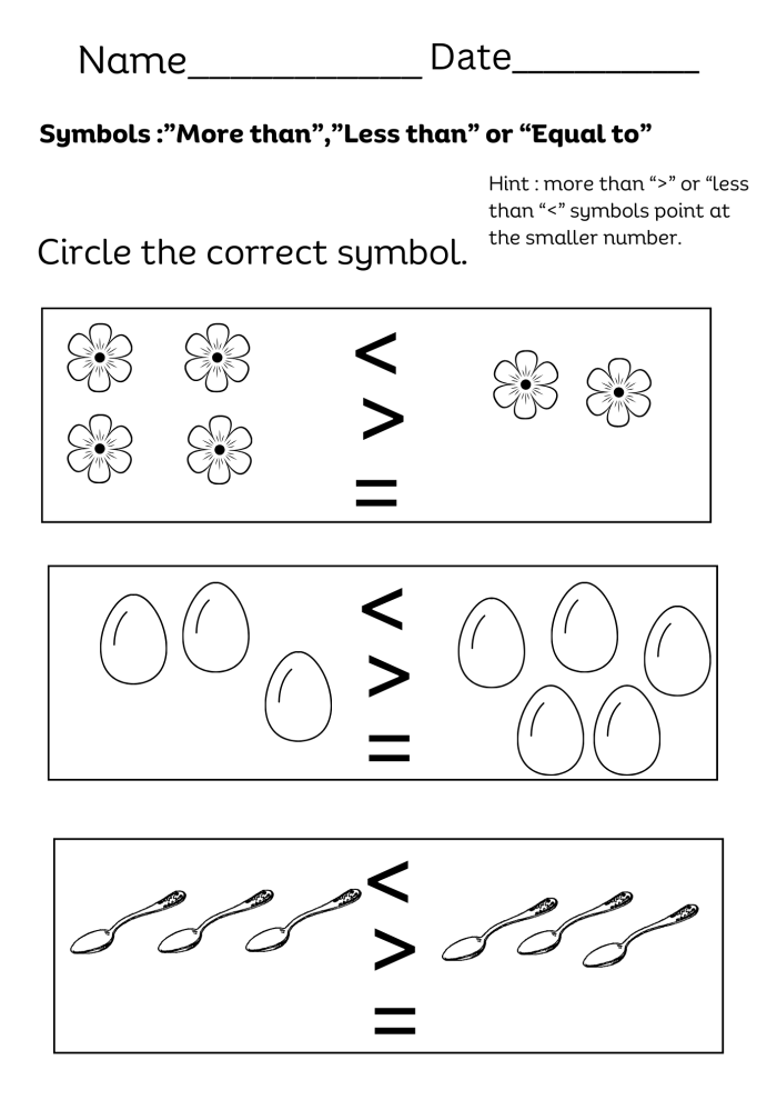 Kindergarten fraction worksheet featuring a Less or More counting exercise