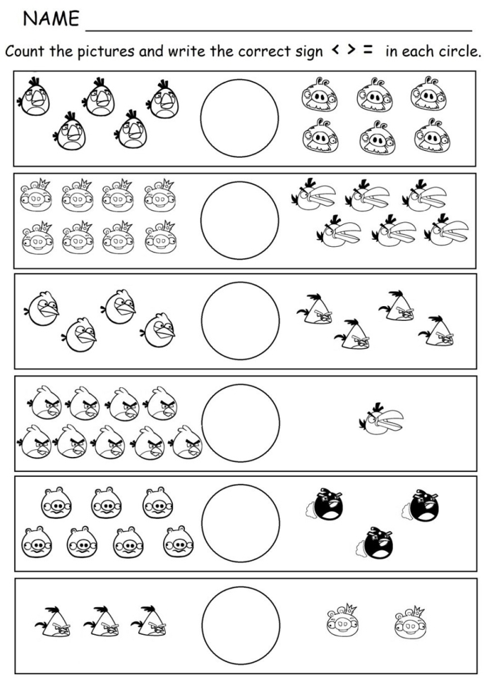 Kindergarten printable worksheet for comparing quantities of fractions with a less or more theme