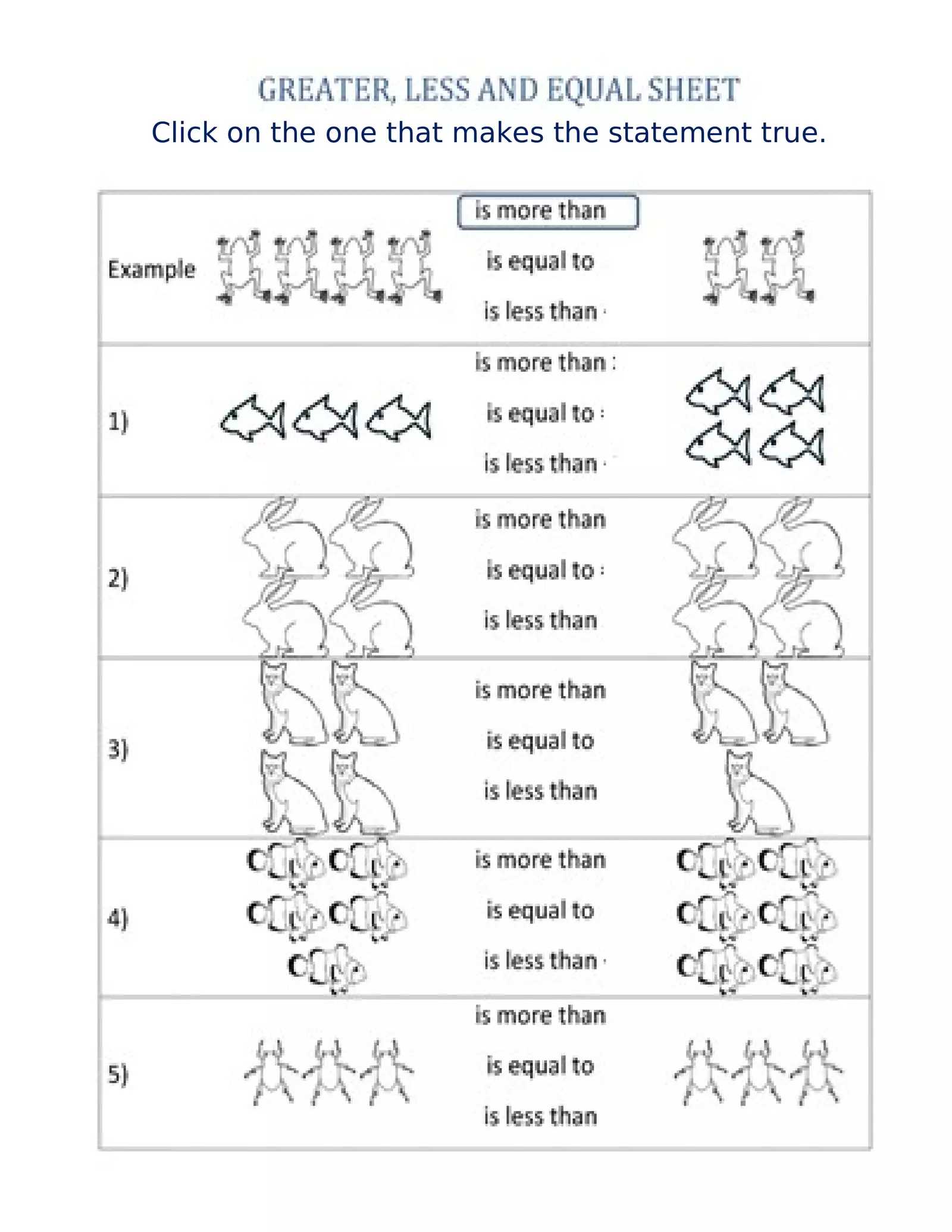Colorful worksheet for kindergarteners focusing on less than and greater than concepts using groups of objects