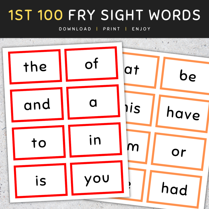 Kindergarten vocabulary cards worksheet featuring sight words starting with the letter A
