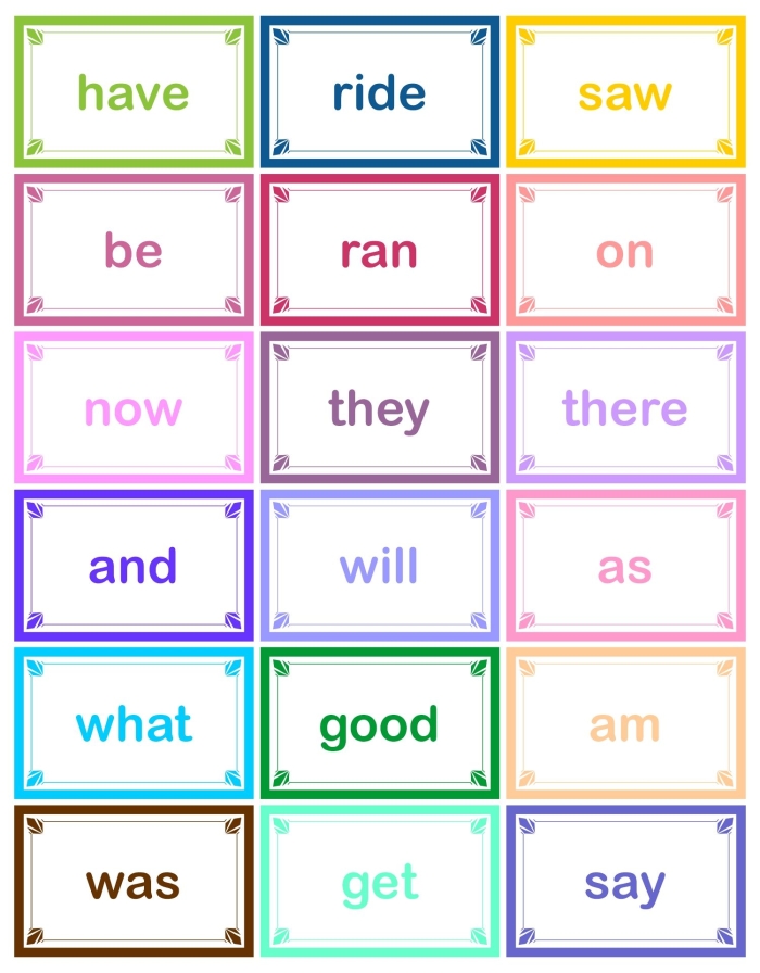 Printable kindergarten sight word vocabulary cards featuring words that begin with the letter A