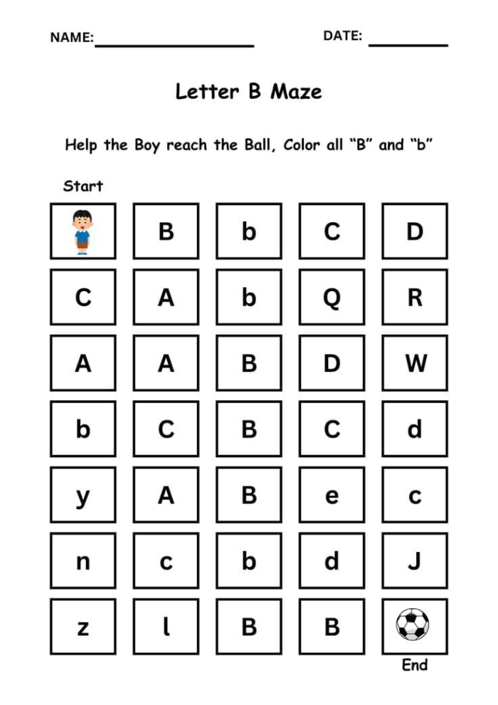 French worksheet for Kindergarten Children navigate a maze to help a balloon reach the fence by tracing the letter B on this kindergarten worksheet. Engaging Letter Maze: B worksheet for young French learners.