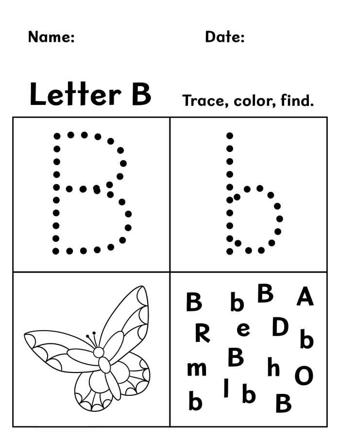 Worksheet designed for kindergarteners to practice the letter B in upper and lowercase. Engaging printable resource for enhancing early reading skills.