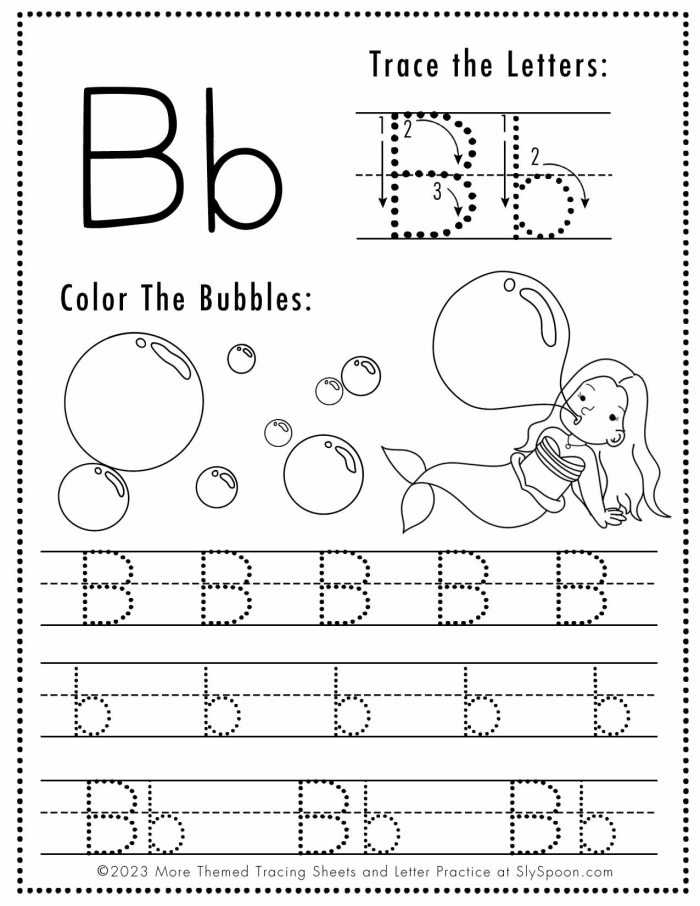 Worksheet for practicing the letter B in uppercase and lowercase for kindergarten students