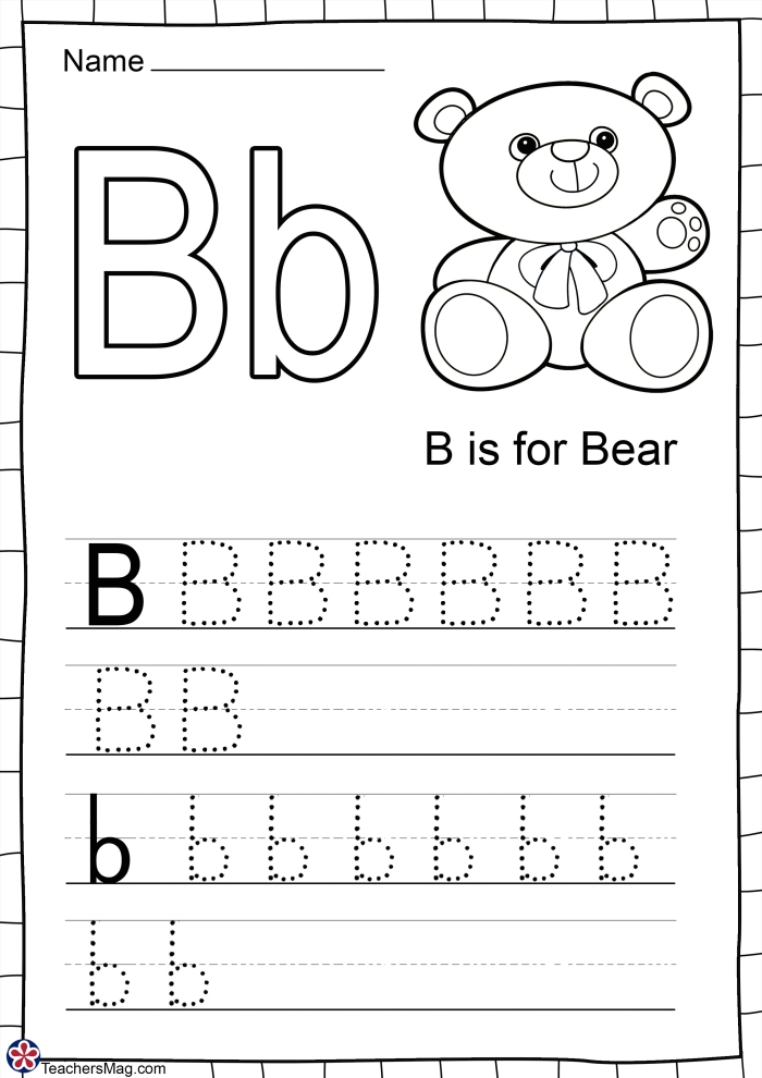 Printable worksheet designed to teach kindergarteners the letter B in both uppercase and lowercase forms