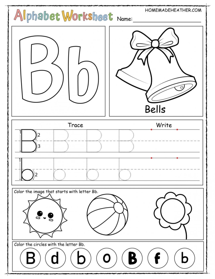 Printable worksheet featuring the letter B for kindergarten reading practice