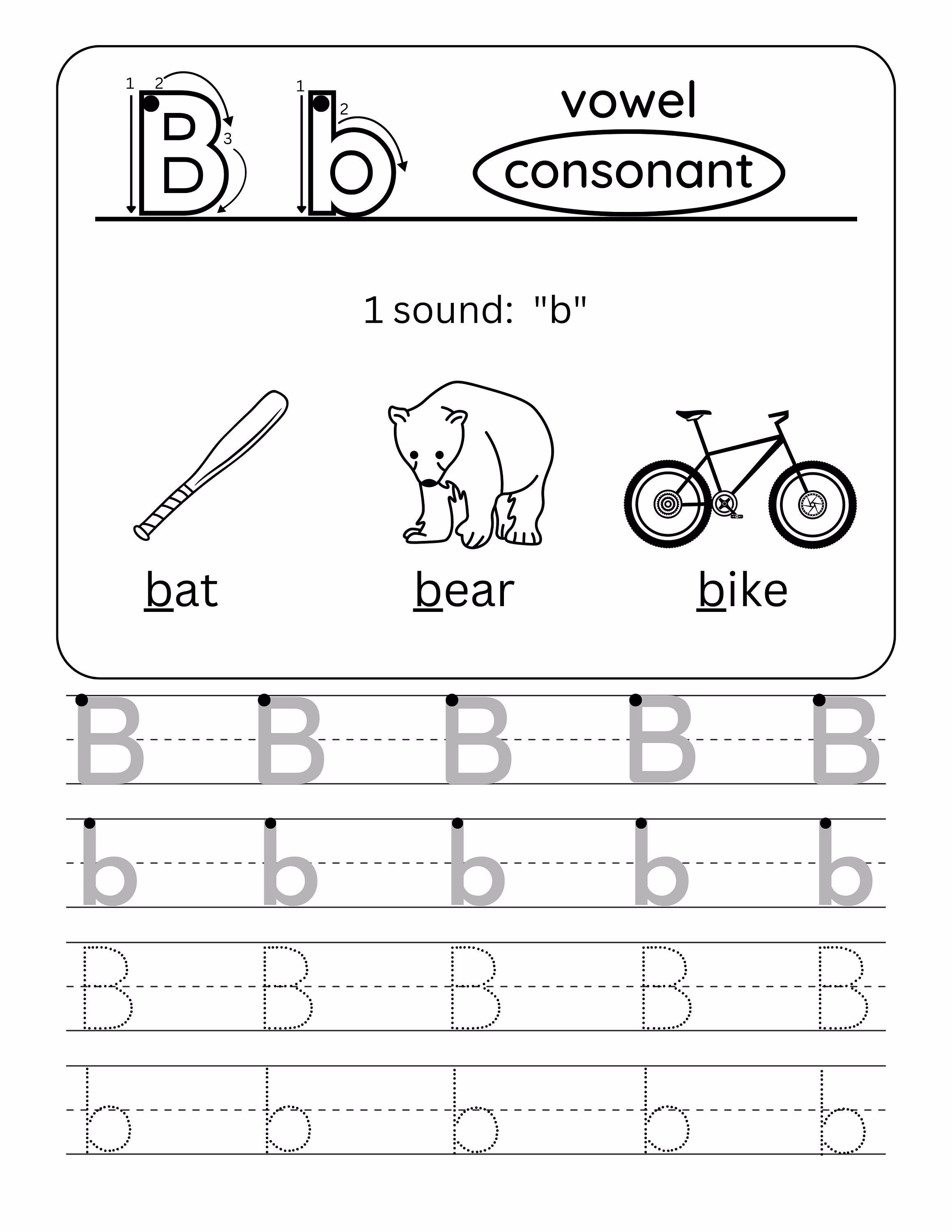 Worksheet featuring the letter B for kindergarten reading practice