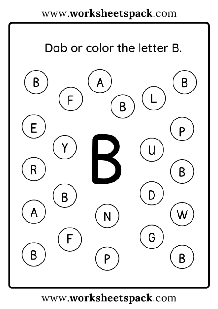 Worksheet featuring the letter B for kindergarten reading practice