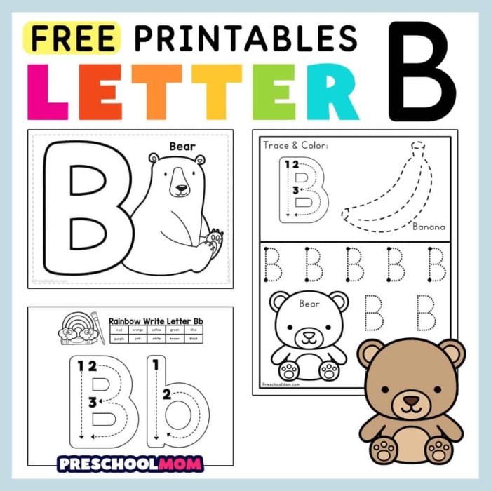Worksheet featuring the letter B for kindergarten reading practice