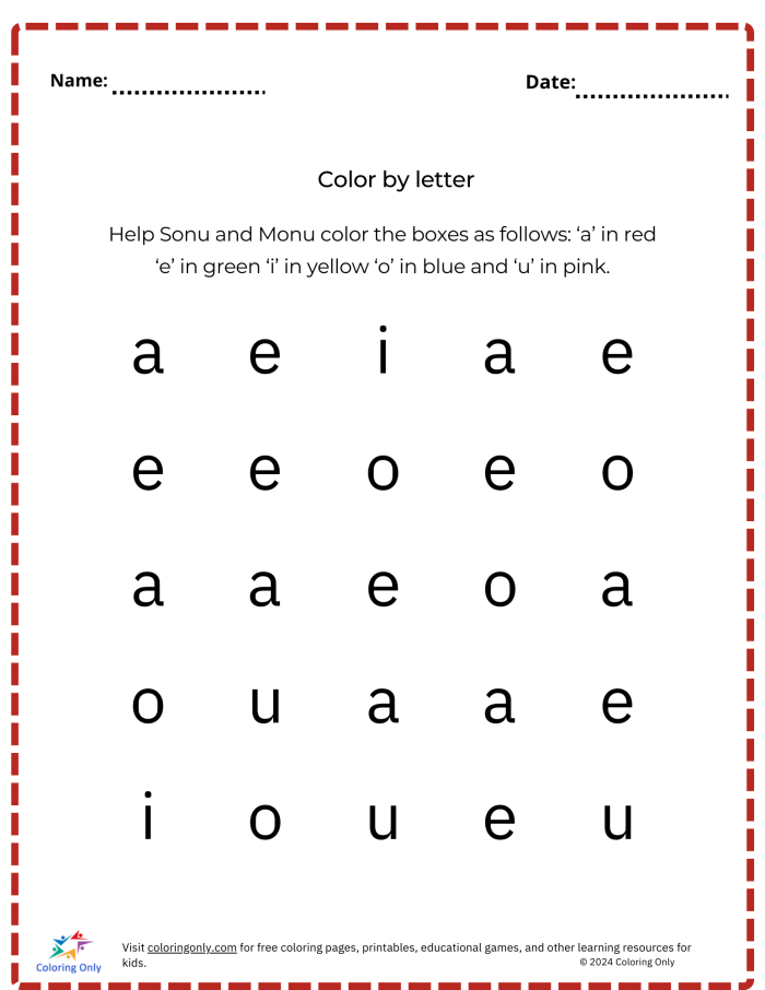 Color the Letters! worksheet activity for kindergarten letter recognition 10 Kindergarten student identifying and coloring uppercase and lowercase letters on worksheet 10