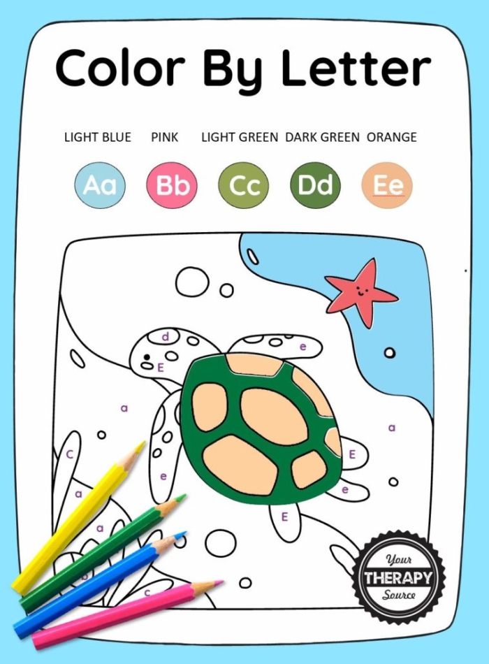 Color the Letters worksheet 23 helping young learners identify letter case differences Kindergarten student coloring uppercase and lowercase letters to practice letter differentiation on a division worksheet