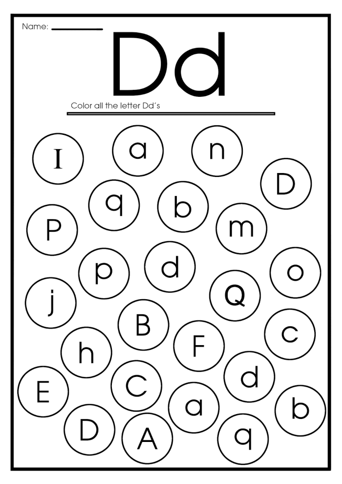 Kindergarten worksheet featuring a Letter D detective activity with a hidden drawing puzzle