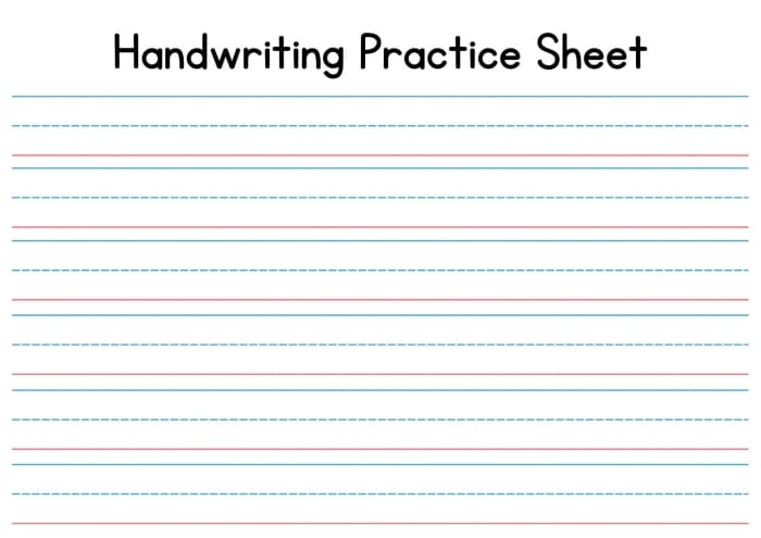 Kindergarten handwriting paper template with lines for practicing letters and numbers