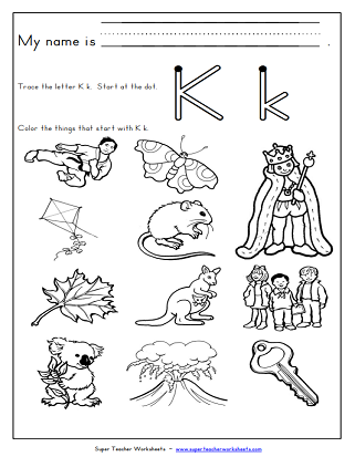 Pre-K worksheet showing various illustrations for children to identify objects that start with the letter K