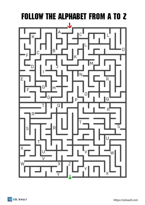 Grammar and Mechanics worksheet for Kindergarten A fun letter maze worksheet for kindergarteners featuring an apple and a hand connected by the letter A. Interactive A maze activity designed to enhance early reading skills for young learners.