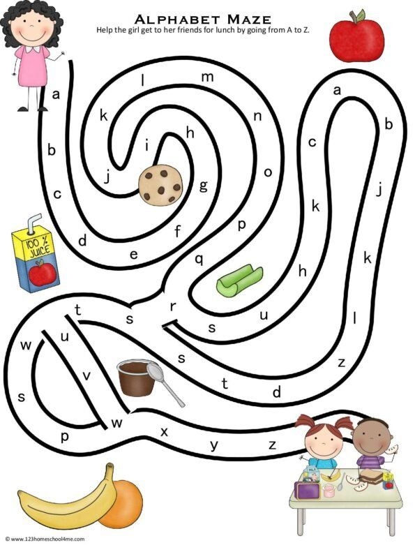 Grammar and Mechanics worksheet for Kindergarten Kids navigate through the letter A maze, connecting an apple to a hand in this fun worksheet. Engaging kindergarten letter maze activity for early readers, image 22.
