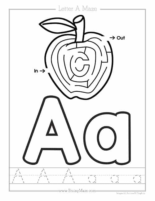 Engaging Letter Maze activity for young learners to practice recognizing the letter A A fun kindergarten worksheet featuring a letter maze where children connect an apple to a hand by following the letter A's