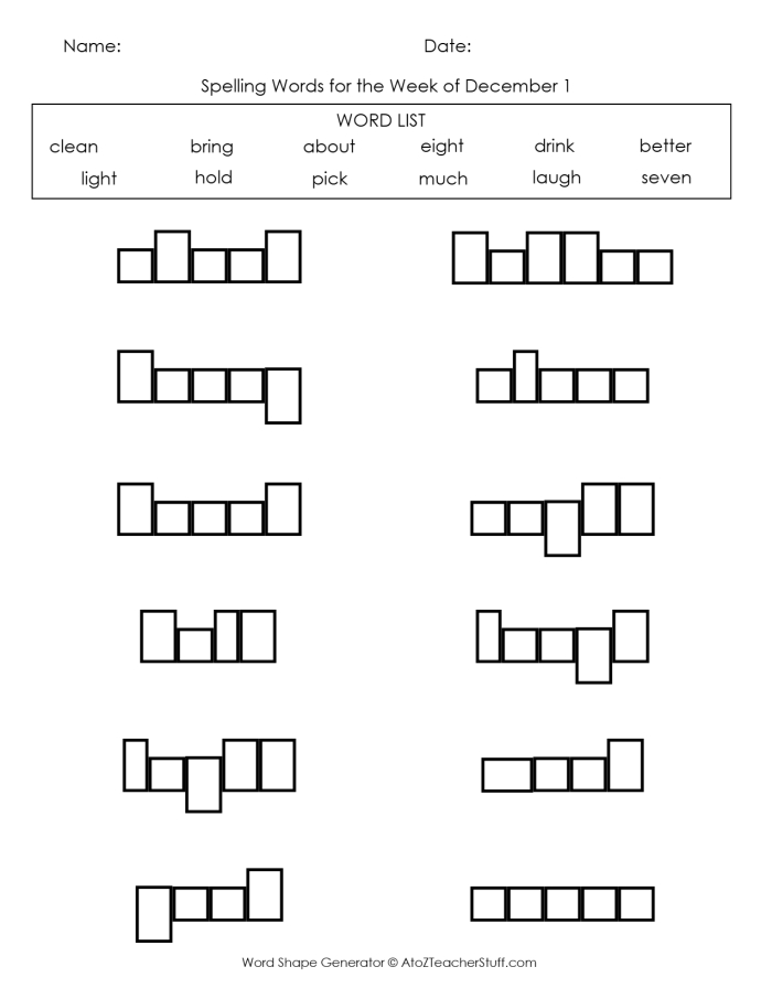 Kindergarten worksheet showing a letter shapes puzzle with empty boxes for word matching practice