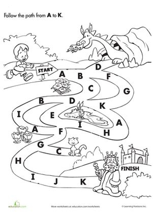 Worksheet for following the A to K path to enhance letter recognition skills in kindergarten. Follow the A to K Path worksheet for kindergarten readiness and letter practice.
