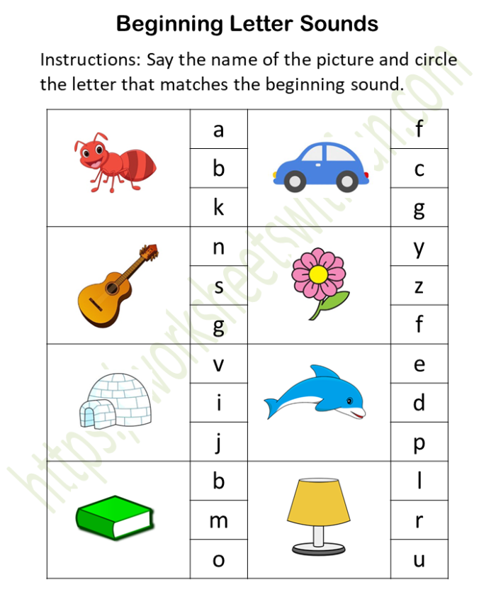 Kindergarten worksheet featuring a beginning letter sounds matching activity for kids