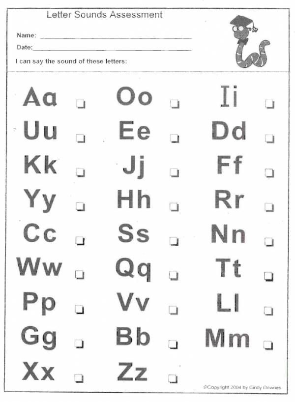 Letter Sound Assessment Activity 12 for Early Phonics Learning Kindergarten student completing letter sound assessment worksheet with alphabet letters and pictures