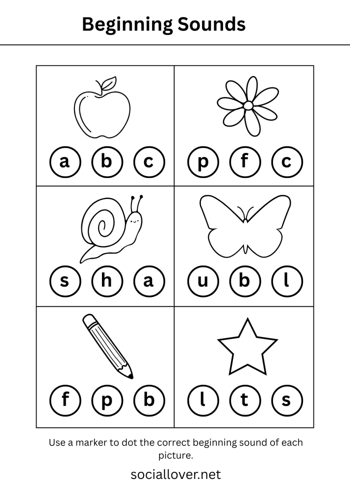 Kindergarten worksheet featuring pictures for students to circle objects starting with specific letter sounds