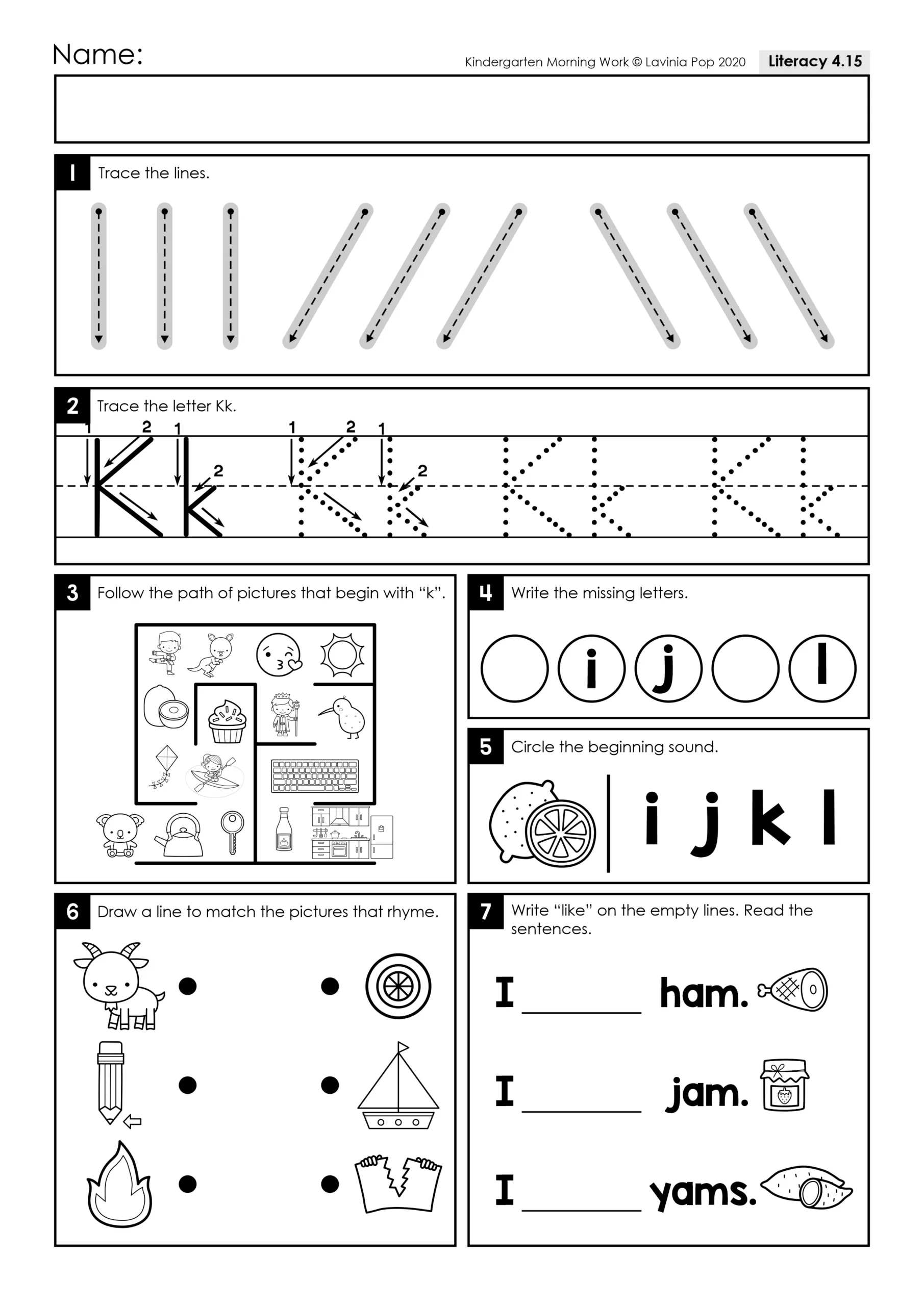 A colorful worksheet guiding kids to trace the path from A to K for letter recognition