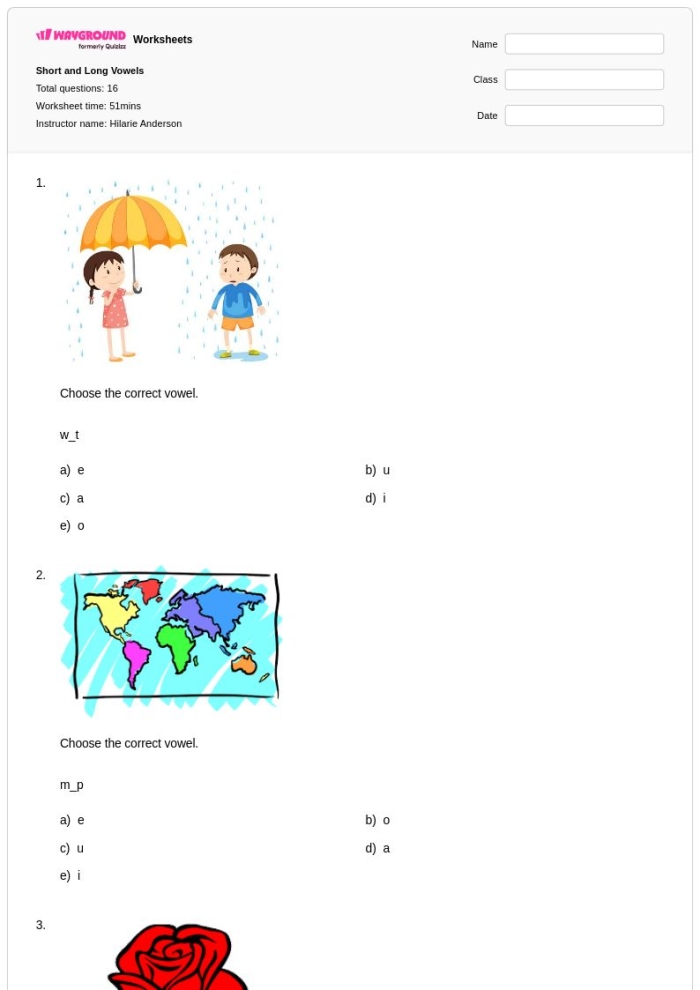 Long and Short Vowels: "A" Matching Activity Worksheet for Kids Worksheet for matching pictures to short and long "A" vowel sounds for kindergarten students