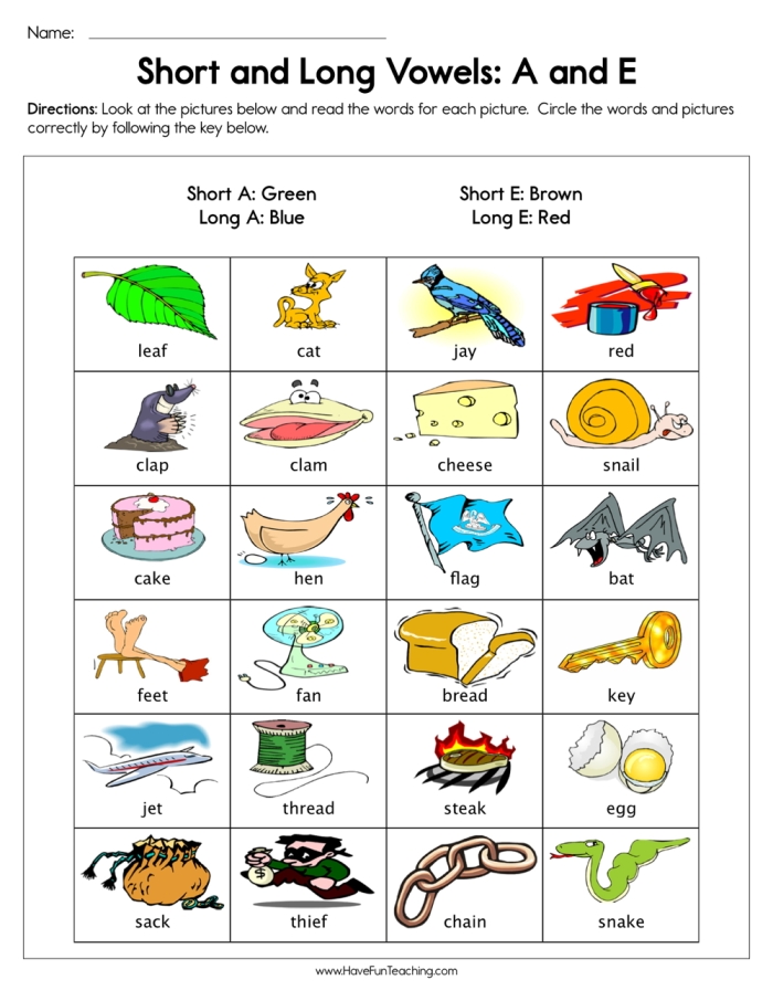 Long and Short Vowels: "A" Matching Activity for Kindergarten Worksheet for matching pictures of creatures with short and long "A" vowel sounds