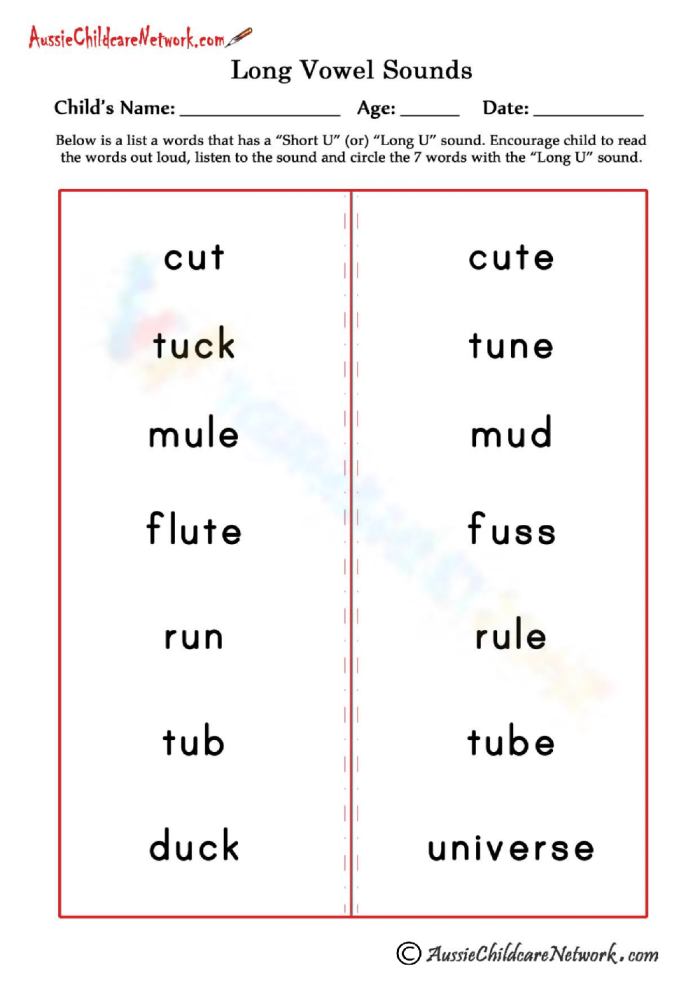 Worksheet image for learning long vowels in kindergarten reading activities Kids engaging with a phonics worksheet focused on long vowels A to U