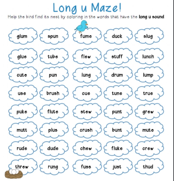 Worksheet image for long vowel phonics learning activities in kindergarten Kids engaging with a phonics worksheet on long vowels from A to U