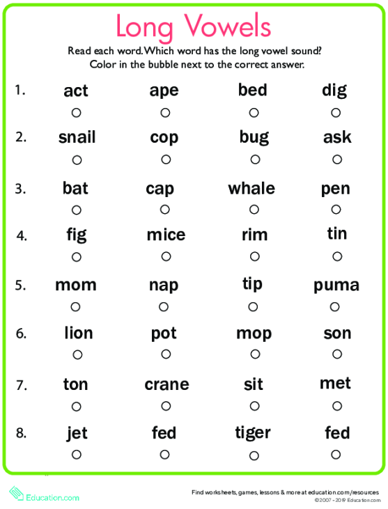 Learning Long Vowels: A to U worksheet for early phonics practice Worksheet for identifying long vowel words from A to U for kindergarten students
