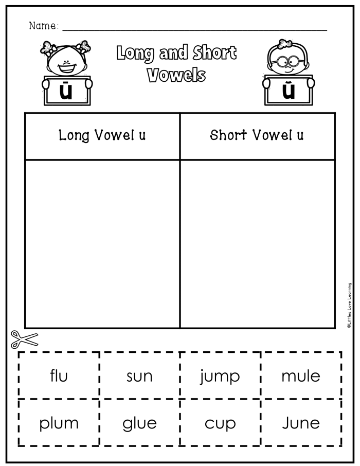 Worksheet for learning long vowels A to U in reading activities Kids engaging with a long vowels phonics worksheet for kindergarten