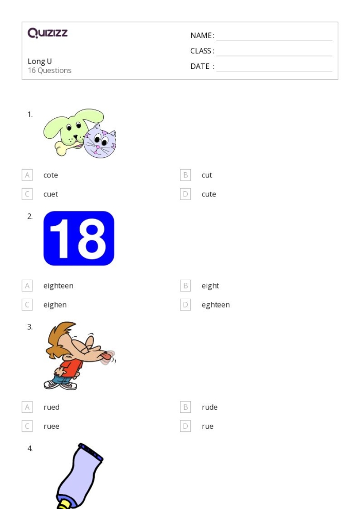 Reading worksheet for Kindergarten Worksheet for kindergarten students focusing on long vowels A to U, featuring matching words. Educational activity image for Learning Long Vowels: A to U worksheet.