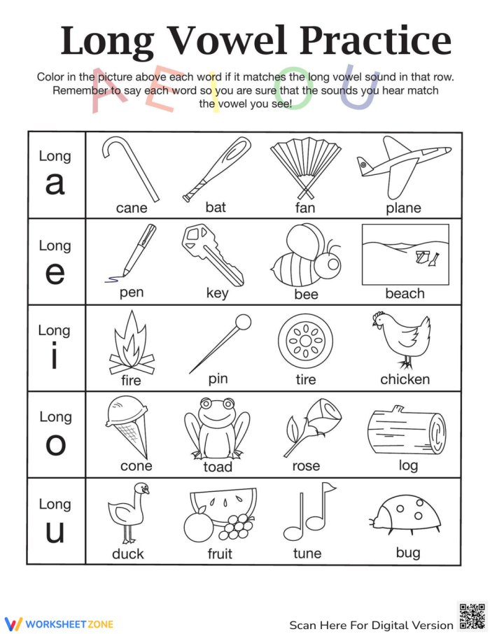 Interactive learning activity for kindergarteners on long vowel sounds Kids engaging with a phonics worksheet focused on long vowels A to U