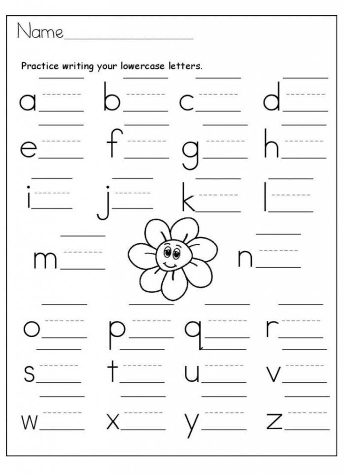 Kindergarten student completing a lowercase letter recognition assessment worksheet
