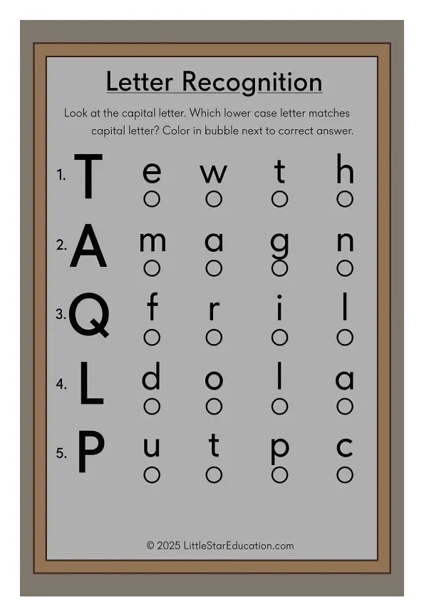 Kindergarten student completing a phonics worksheet for lowercase letter recognition 23