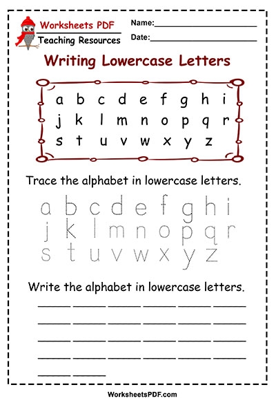 Writing Lowercase Letters Practice Exercise 2 for Beginning Writers Kindergarten student practicing writing lowercase letter b on a worksheet with dotted line guides