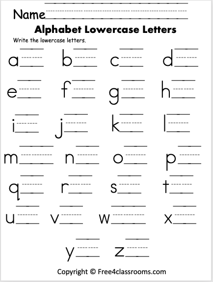 Writing Lowercase Letters Practice Exercise 7 Kindergarten student practicing lowercase letter formation with dotted line tracing guide
