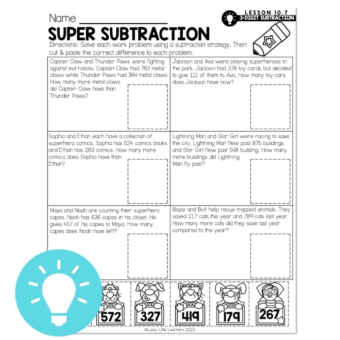 Kindergarten student practicing subtraction with a festive Lucky Subtraction worksheet featuring clover icons