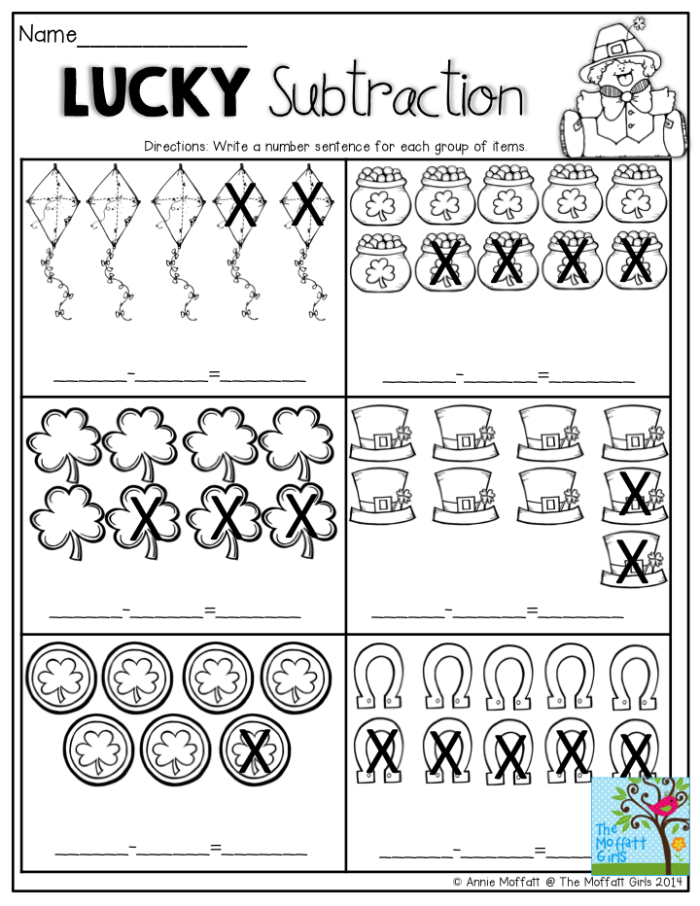 Lucky Subtraction worksheet featuring fun St. Patrick's Day graphics for kindergarten students