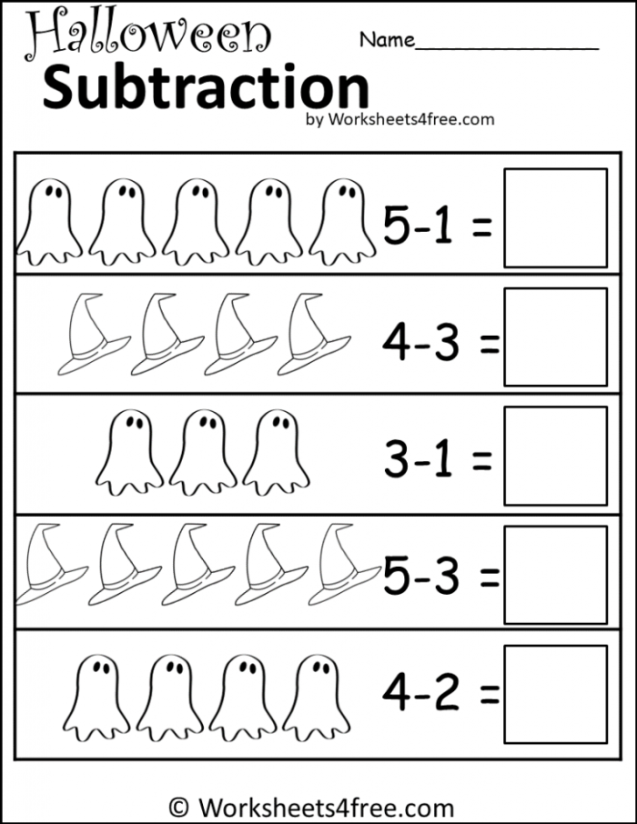 Kindergarten student practicing basic math with a Lucky Subtraction worksheet featuring clover icons