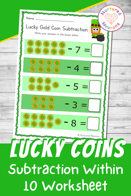 Kindergarten student working on a Lucky Subtraction worksheet for St. Patricks Day