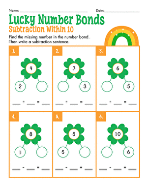 Kindergarten student working on a Lucky Subtraction worksheet with St. Patricks Day themes