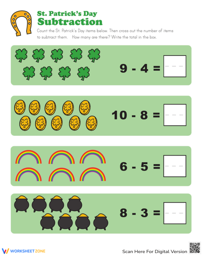 Kindergarten student practicing basic math with a festive Lucky Subtraction worksheet