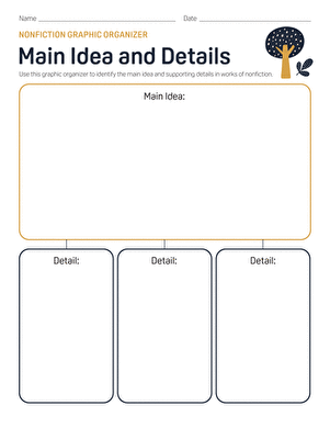 Kindergarten main idea and details graphic organizer worksheet for reading practice