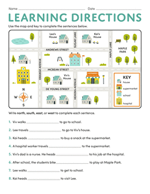 Kindergarten student coloring a simple map of a park to practice map reading skills
