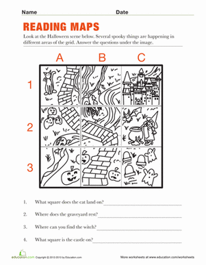 Kindergarten reading a map worksheet featuring a fun park layout to color