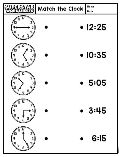 Kindergarten student matching digital times to analog clock faces on a printable worksheet